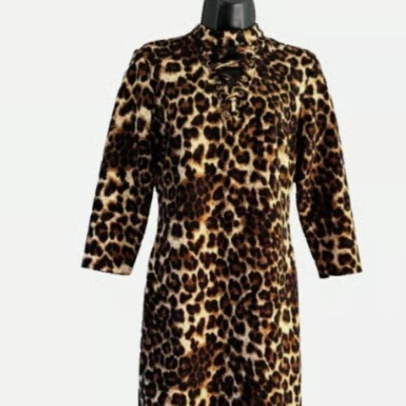 New York & Company Leopard Print Lace Front Dress Womens Size Medium 3/4 Sleeve - Picture 1 of 9